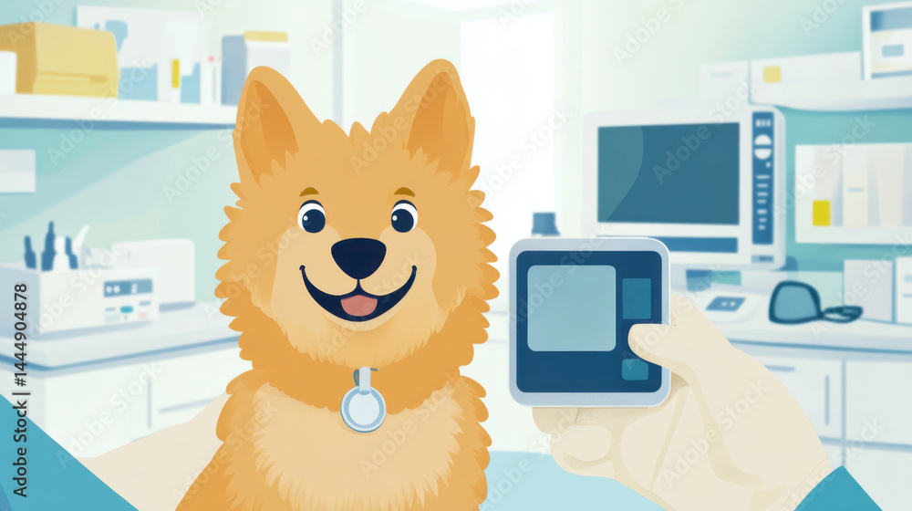 Close-up of veterinarian hand gently holding a dog's paw while testing blood sugar with a compact glucometer