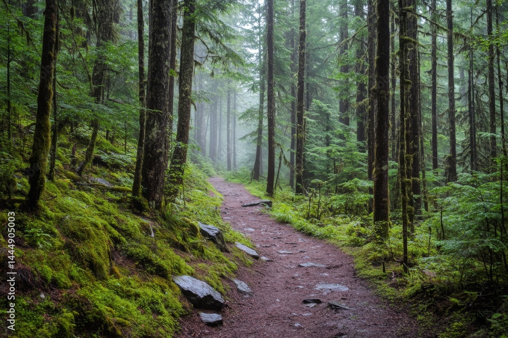 Fototapeta premium Misty forest trail. Lush greenery, mossy path