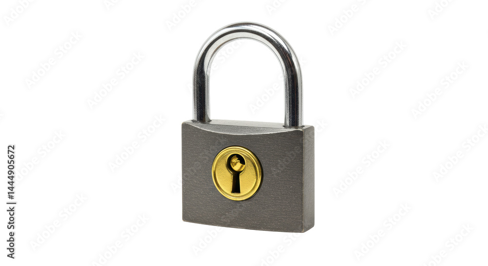 Isolated Gray Metal Padlock with Gold Keyhole Isolated Gray Metal Padlock with Gold Keyhole