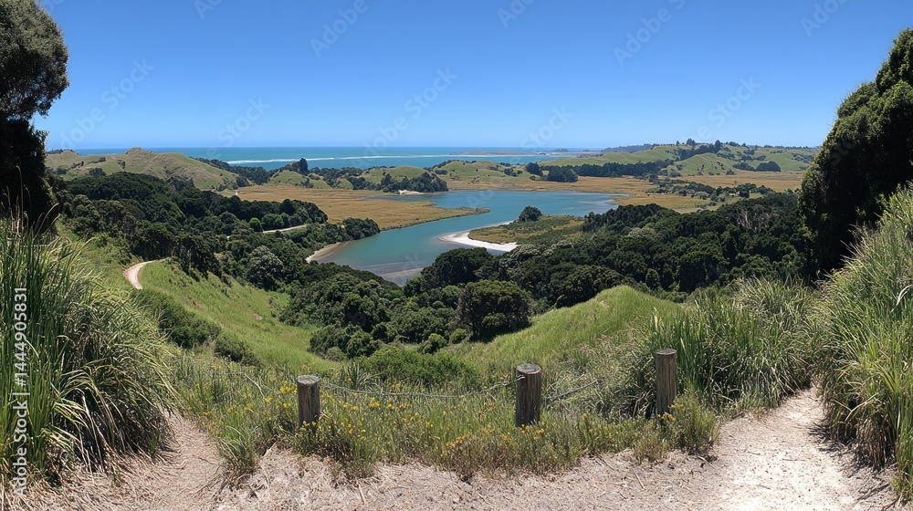 Scenic coastal view from a hilltop trail. Lush greenery, river, ocean vista Scenic coastal view from a hilltop trail. Lush greenery, river, ocean vista