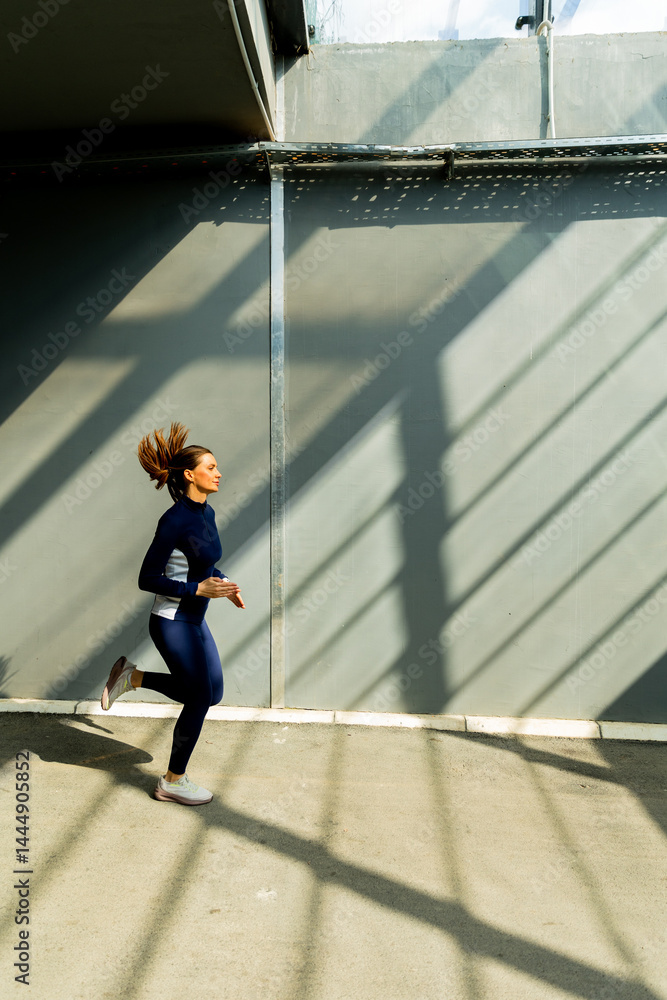 Dynamic urban runner embracing morning sunlight through geometric shadows in a modern space
