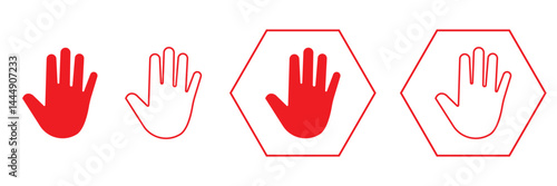 Raised hand icon symbolizing stop or interaction. Stop hand icon. Set of hand hello icons 