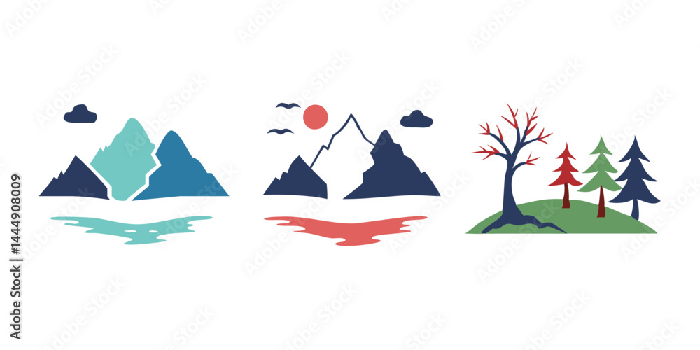 Nature-inspired vector set with trees, mountains, rivers, and wildlife in clean minimal style. Outdoor adventure elements for eco branding, forest travel, and hiking projects.
Nature-inspired vector set with trees, mountains, rivers, and wildlife in clean minimal style. Outdoor adventure elements for eco branding, forest travel, and hiking projects.
