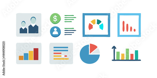 Business design elements collection with professional charts, graphs, and flowcharts. Set of corporate icons and visuals for office presentation, data analysis, and infographic layout.

