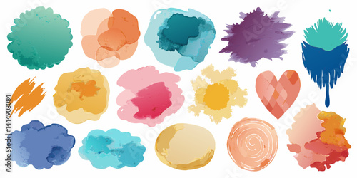 柔らかな筆致、染み、水しぶきを収録した水彩テクスチャセット。デジタルアート、背景デザイン、クリエイティブな印刷プロジェクトに最適な、手描きのアートコレクションです。