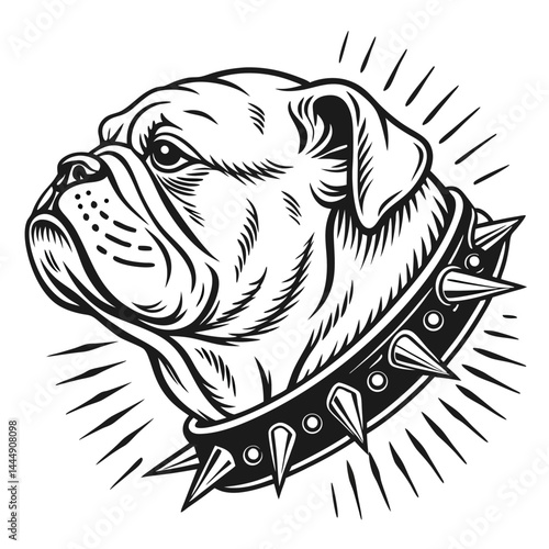Black and White Bulldog Portrait With Spiked Collar and Burst