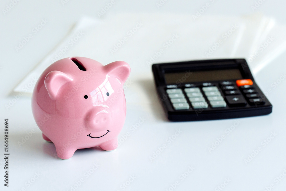 Piggy bank and calculator on a white desk for budget planning and financial management