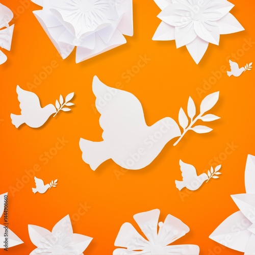 Paper pigeon top view with flowers, Pentecost Background