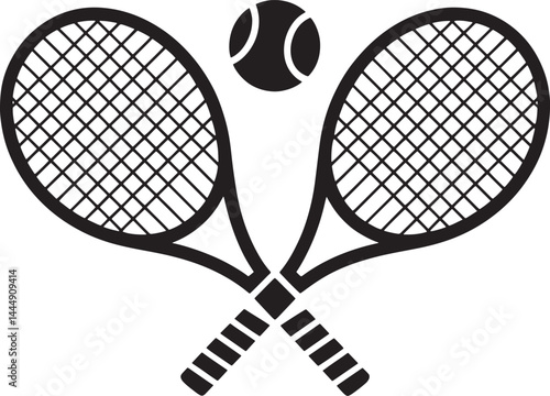 Two Tennis Racquets Crossed With A Tennis Ball Black Silhouette Illustration