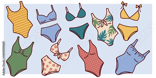 Set of multiple women’s swimsuits including bikinis and one-piece designs in various summer colors and patterns