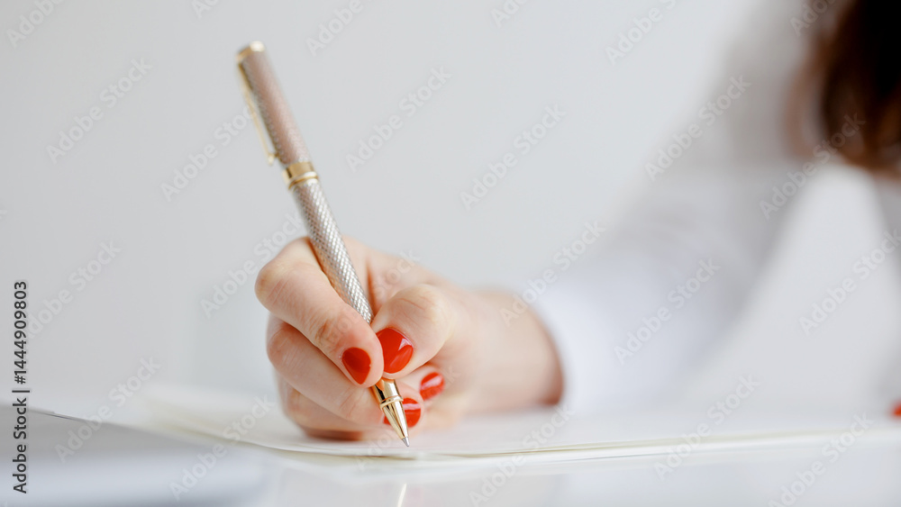 Writing with a sleek pen on clean paper in a bright workspace during the daytime