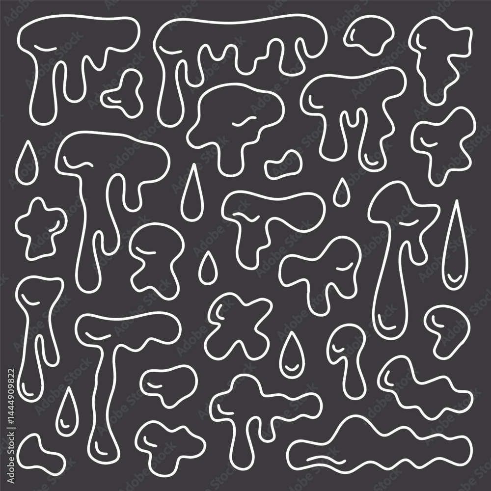 Fototapeta premium Hand drawn white doodles of dripping and goo shapes on black background in sketch style