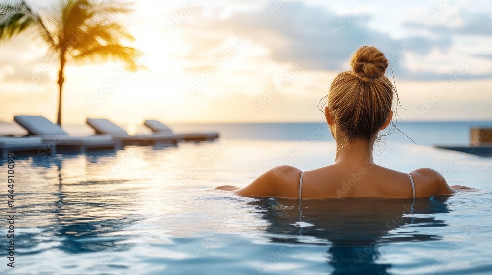 Enjoying Sunset Views, Woman Relaxes in Infinity Pool, Palm Trees and Ocean, Travel and Leisure Enjoying Sunset Views, Woman Relaxes in Infinity Pool, Palm Trees and Ocean, Travel and Leisure