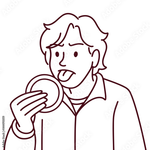 Line art illustration of Teen boy licking Dalgona candy with playful expression, showing satisfaction during sugar cookie challenge
