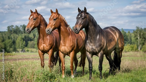 A photograph of three horses standing side-by-side in a sun-drenched field of lush green grass.