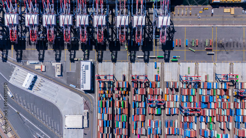 A straight-down aerial photo of shipping cranes operating over a dock filled with colorful cargo containers. The image highlights the symmetry and industrial activity of a modern shipping port.