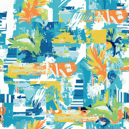 Abstract seamless chaotic pattern with urban geometric elements, scuffed, drops, sprays, triangles. Grunge neon texture background. Wallpaper for boys and girls