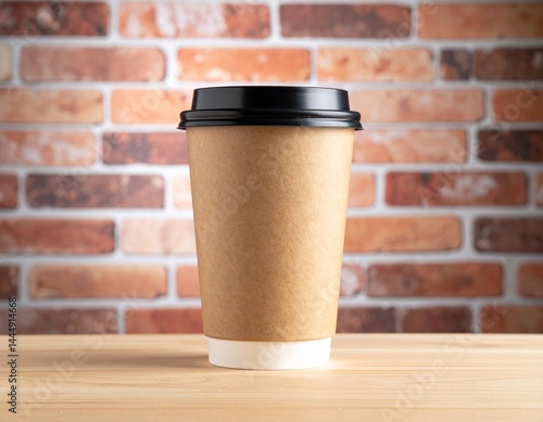 Blank paper coffee cup with black lid on wooden table against rustic brick wall background for branding or design presentation mockup template.
