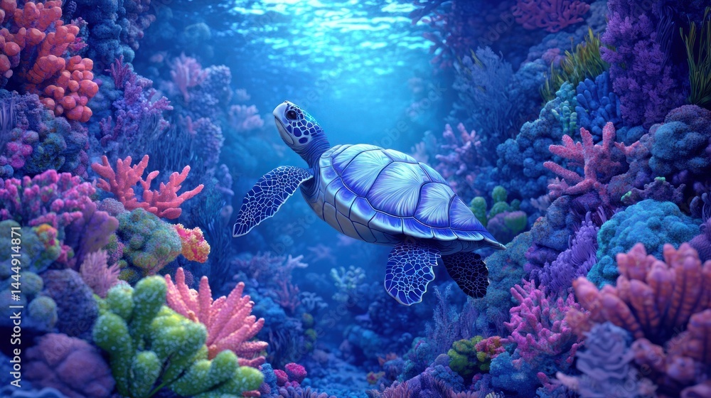 Fototapeta premium Sea turtle swims through vibrant coral reef underwater scene.