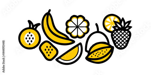 リンゴ、バナナ、イチゴ、オレンジ、ブドウ、スイカ、パイナップル、チェリーなどのカラフルなフルーツアイコンのコレクション