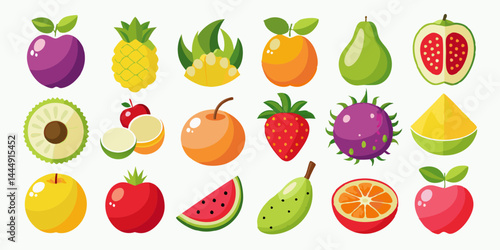リンゴ、バナナ、イチゴ、オレンジ、ブドウ、スイカ、パイナップル、チェリーなどのカラフルなフルーツアイコンのコレクション