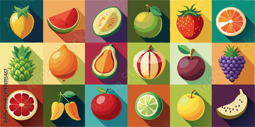 リンゴ、バナナ、イチゴ、オレンジ、ブドウ、スイカ、パイナップル、チェリーなどのカラフルなフルーツアイコンのコレクション
