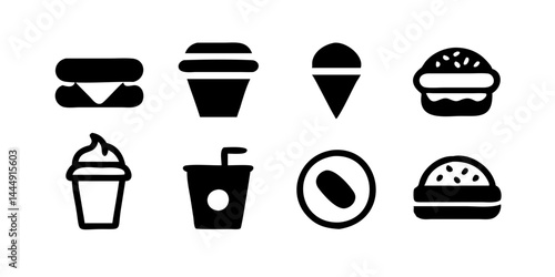 Conjunto de coloridos íconos de alimentos y bebidas: hamburguesa, pizza, sándwich, sushi, bistec, ensalada, espagueti, taco, tazón de sopa, papas fritas, taza de café y más para un acceso rápido en fo