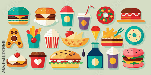Conjunto de coloridos íconos de alimentos y bebidas: hamburguesa, pizza, sándwich, sushi, bistec, ensalada, espagueti, taco, tazón de sopa, papas fritas, taza de café y más para un acceso rápido en fo
