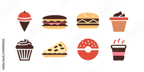 Conjunto de coloridos íconos de alimentos y bebidas: hamburguesa, pizza, sándwich, sushi, bistec, ensalada, espagueti, taco, tazón de sopa, papas fritas, taza de café y más para un acceso rápido en fo