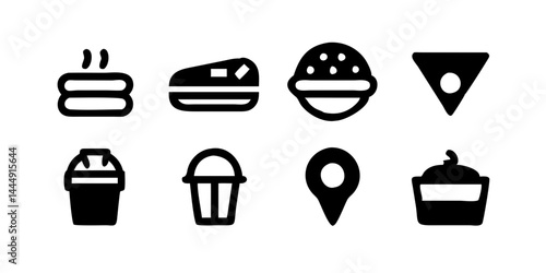 Conjunto de coloridos íconos de alimentos y bebidas: hamburguesa, pizza, sándwich, sushi, bistec, ensalada, espagueti, taco, tazón de sopa, papas fritas, taza de café y más para un acceso rápido en fo