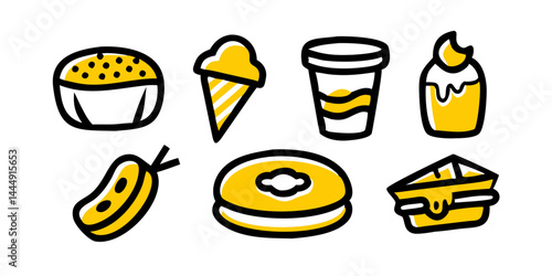 Conjunto de coloridos íconos de alimentos y bebidas: hamburguesa, pizza, sándwich, sushi, bistec, ensalada, espagueti, taco, tazón de sopa, papas fritas, taza de café y más para un acceso rápido en fo
