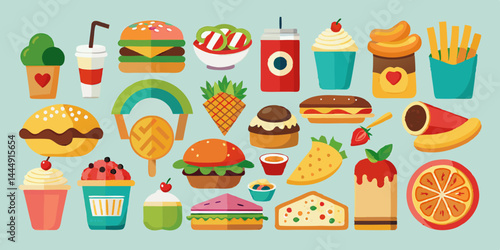 Conjunto de coloridos íconos de alimentos y bebidas: hamburguesa, pizza, sándwich, sushi, bistec, ensalada, espagueti, taco, tazón de sopa, papas fritas, taza de café y más para un acceso rápido en fo