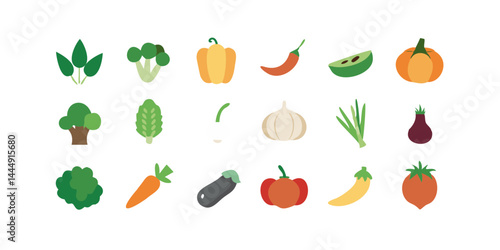 Colección de íconos vegetales detallados como zanahoria, brócoli, tomate, pepino, pimiento morrón, cebolla, ajo, papa, espinaca y lechuga para ilustraciones culinarias y de jardinería.