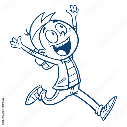 Outline Cartoon Boy Leaping and Smiling with Arms Raised on an Isolated White Background