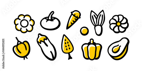 料理やガーデニングのイラストに使える、ニンジン、ブロッコリー、トマト、キュウリ、ピーマン、タマネギ、ニンニク、ジャガイモ、ほうれん草、レタスなどの詳細な野菜アイコンのコレクション