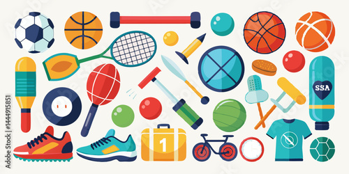 Colección de iconos de deportes y fitness: balón de fútbol, ​​baloncesto, raqueta de tenis, bate de béisbol, fútbol americano, palo de golf, voleibol, palo de hockey y más. Iconos de actividades depor