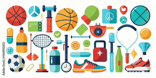 Colección de iconos de deportes y fitness: balón de fútbol, ​​baloncesto, raqueta de tenis, bate de béisbol, fútbol americano, palo de golf, voleibol, palo de hockey y más. Iconos de actividades depor