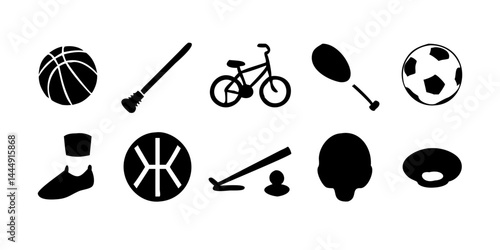 Colección de iconos de deportes y fitness: balón de fútbol, ​​baloncesto, raqueta de tenis, bate de béisbol, fútbol americano, palo de golf, voleibol, palo de hockey y más. Iconos de actividades depor