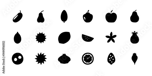 Conjunto de iconos de frutas tropicales, perfecto para diseños de envases de alimentos, guías de viaje y blogs culinarios sobre sabores exóticos.