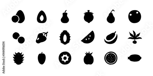 Conjunto de iconos de frutas tropicales, perfecto para diseños de envases de alimentos, guías de viaje y blogs culinarios sobre sabores exóticos.