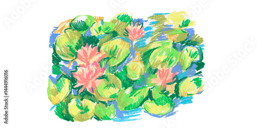 Spring clip art of water lily flowers drawn with wax crayons on white isolated background. Children's botanical collection of oil pastel illustrations. Designs for greeting cards, stickers, posters.