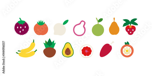 Conjunto de iconos de frutas tropicales, perfecto para diseños de envases de alimentos, guías de viaje y blogs culinarios sobre sabores exóticos.