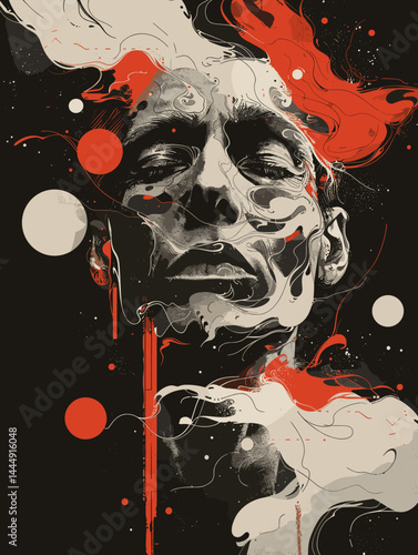 Zombie face with blood and smoke on a black background. Vector illustration.