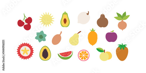 Conjunto de iconos de frutas tropicales, perfecto para diseños de envases de alimentos, guías de viaje y blogs culinarios sobre sabores exóticos.