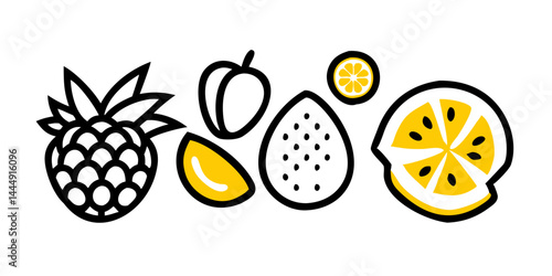ensemble d'icônes de fruits tropicaux, parfaites pour les conceptions d'emballages alimentaires, les guides de voyage et les blogs culinaires sur les saveurs exotiques.