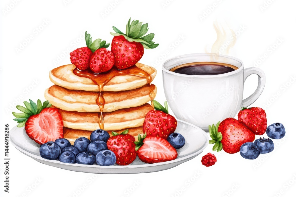 Delicious Pancakes with Strawberries and Blueberries for Breakfast Delicious Pancakes with Strawberries and Blueberries for Breakfast