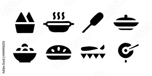 寿司、ラーメン、パスタ料理、パエリア、クロワッサン、チーズ盛り合わせ、タコスなど、グルメと各国の料理のアイコンのコレクション。