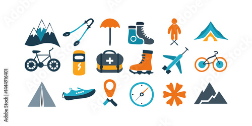 Set of Outdoor Adventure and Sports Icons, including hiking boots, climbing rope, mountain bike, kayak, camping tent, and fishing rod.

