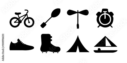 Set of Outdoor Adventure and Sports Icons, including hiking boots, climbing rope, mountain bike, kayak, camping tent, and fishing rod.

