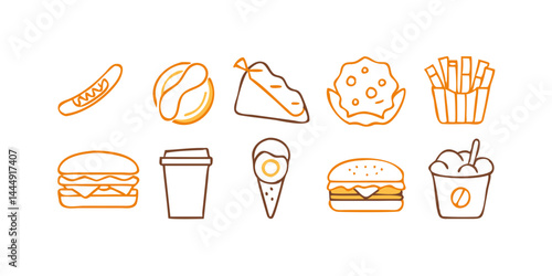 Colección de íconos de comida rápida que incluye hamburguesas, hot dogs, papas fritas, porciones de pizza, tacos, nachos, pollo frito, burritos, aros de cebolla, batidos y vasos de refresco en estilo 